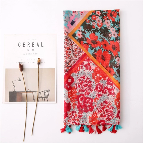 Women Ethnic Floral Print Shawl Scarf Lightweight Polyester Sun Protection Travel Wrap With Tassels Artistic Multi-Color Pashmina