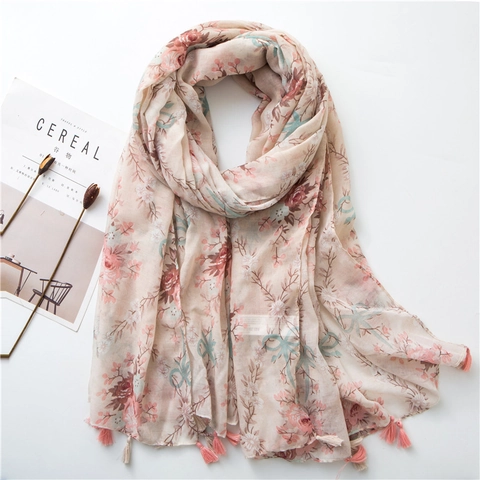 Blumendruck Voile Schal Mit Quasten Sonnenschutz Leichtes Langer Strandtuch Wickeltuch Für Damen Koreanischer Stil