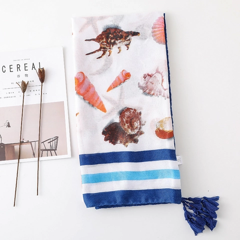 Women Fashion Satin Cotton Scarf Shawl Blue White Striped Seashell Starfish Print With Tassels Beach Sun Protection Wraps Summer Holiday Accessory