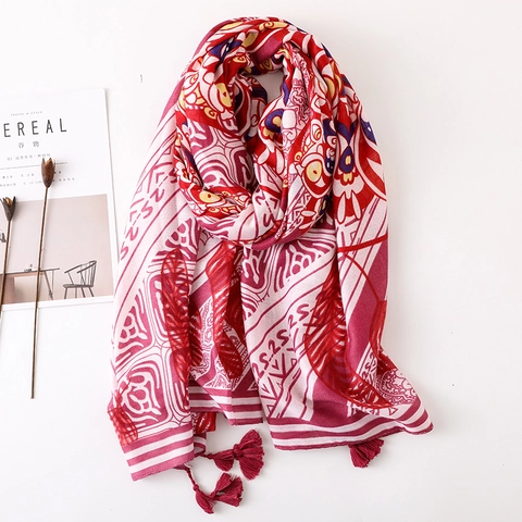 Long Cotton Linen Scarf Ethnic Floral Print Shawl Sun Protection Beach Wrap With Tassels Bohemian Style For Women