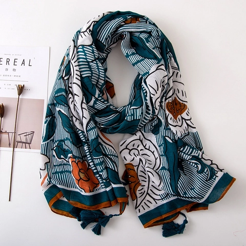 Sciarpa In Cotone Con Motivo Floreale Vintage Scialle Lungo Con Nappe Stile Etnico Boho Avvolgente Solare Leggero Per Donne