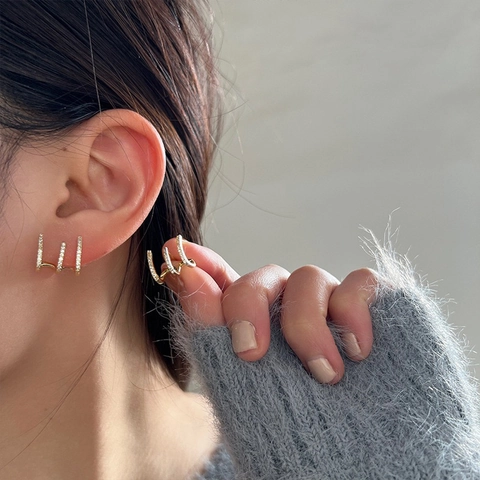 Fashion Triple Row Claw Stud Earrings Copper Gold Silver Plated Micro Pave Zircon Arc Curved Unique Trendy For Women
