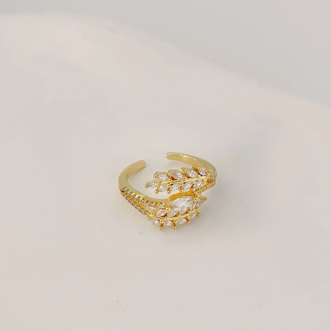 Adjustable Leaf Ring Copper Gold Plated Cubic Zirconia Geometric Sparkly Marquise Cut Fashion Jewelry For Women
