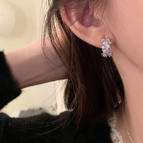 C-Shaped Micro Paved Zircon Stud Earrings Copper 18K Gold Plated With 925 Sterling Silver Earring Post Elegant For Women