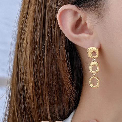 Geometric Irregular Hollow Drop Earrings Gold Plated Hammered Texture Copper Statement Jewelry For Women Trendy