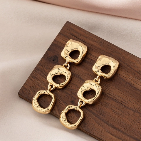 Geometric Irregular Hollow Drop Earrings Gold Plated Hammered Texture Copper Statement Jewelry For Women Trendy