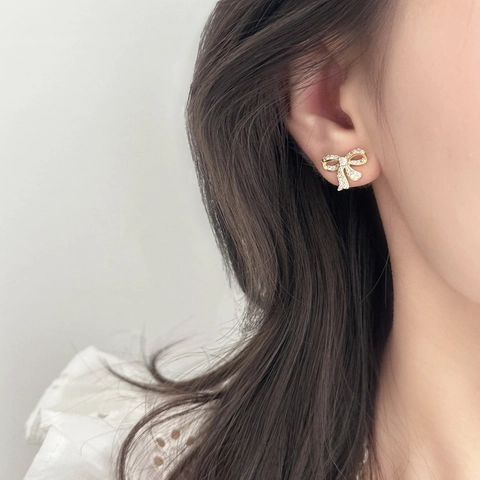 Pave Zircon Bow Knot Stud Earrings Brass Elegant Fashion Sweet Niche Style For Women