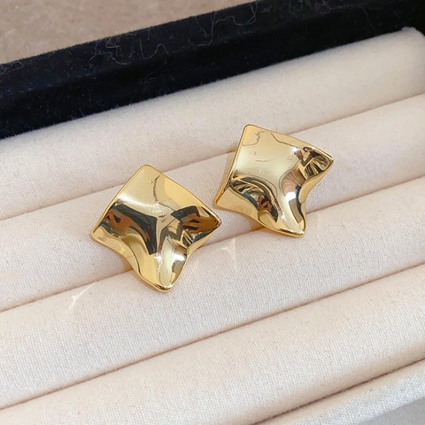 Geometric Folded Square Stud Earrings For Women Twisted Mirror Polish Copper Jewelry Minimalist Style Elegant