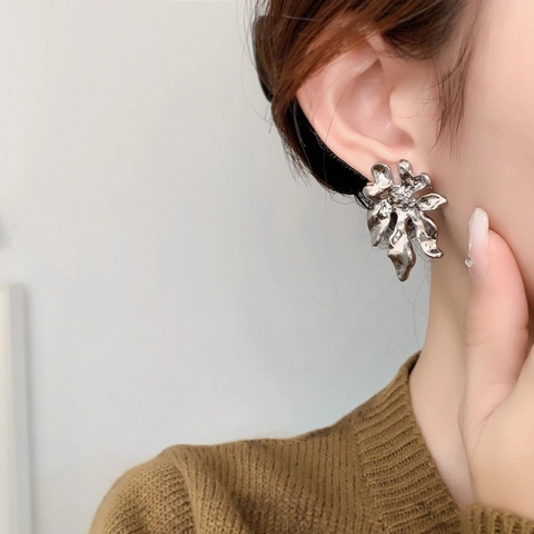 Blumen Ohrstecker Kupfer Mit 925 Sterling Silber Ohrstecker 18K Vergoldet Flüssigmetall Floral Retro Schmuck