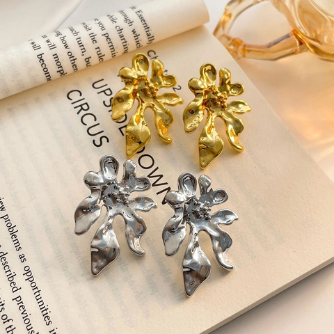 Blumen Ohrstecker Kupfer Mit 925 Sterling Silber Ohrstecker 18K Vergoldet Flüssigmetall Floral Retro Schmuck