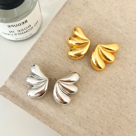 Fan Shaped Stud Earrings Metal Geometric Shell Wave Luxury Fashion Copper Earring Post Jewelry For Women High Shine