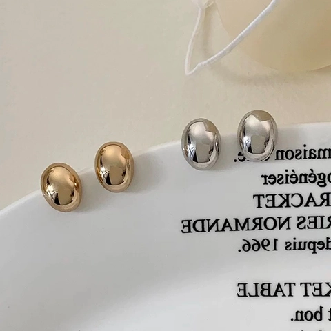 Minimalist Oval Bean Stud Earrings Smooth Polished Copper Jewelry With Silver Earring Post For Women Elegant Chic