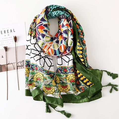 Bohemian Cotton Scarf Large Shawl With Tassels Geometric Floral Print Vintage Beach Sun Protection Wrap For Women
