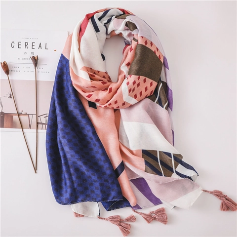 Geometric Color Block Scarf Shawl Cotton Linen Feel Sun Protection Tassels Ethnic Style Wraps For Women
