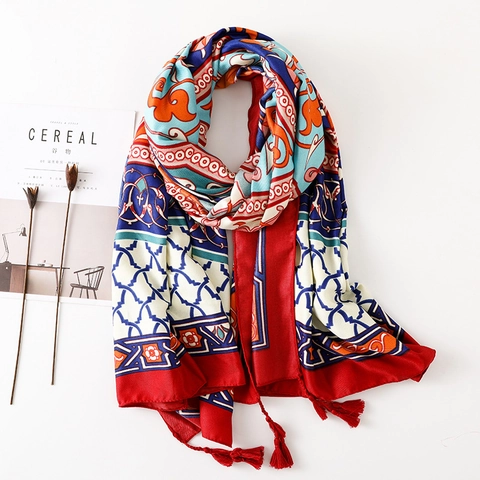 Bohemian Ethnic Scarf Twill Cotton Floral Print Tassels Large Shawl For Women Travel Holiday Beach Wrap Retro Style