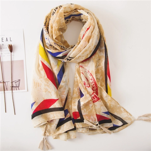 Sciarpa In Voile Con Stampa Lettere Retro Con Nappine Scialle Da Spiaggia Lungo Leggero Protezione Solare Donna Vacanza