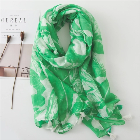 Sciarpa Con Stampa Foglie Tropicali Donna Estate Mare Scialle Protezione Solare Voile Leggero Stile Etnico Nappine