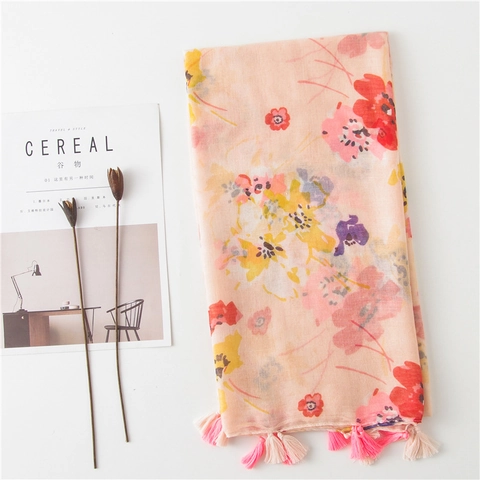 Damen Leicht Schal Mit Blumendruck Weicher Voile Quasten Sonnenschutz Dekorative Gaze Eleganter Rosa