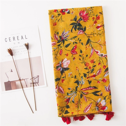 Ethnic Mustard Yellow Floral Print Scarf With Tassel Fringe Sun Protection Beach Shawl Lightweight Polyester Wrap Women