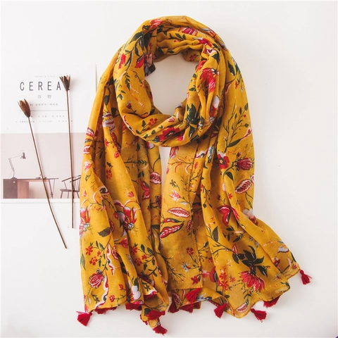 Ethnic Mustard Yellow Floral Print Scarf With Tassel Fringe Sun Protection Beach Shawl Lightweight Polyester Wrap Women