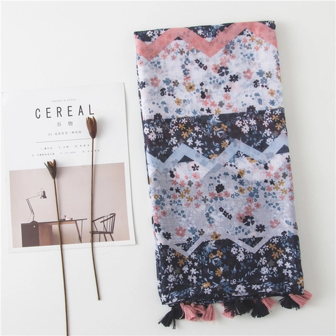 Women Lightweight Floral Print Scarf Voile Shawl With Tassels Boho Chic Sun Protection Beach Wrap Soft Pashmina