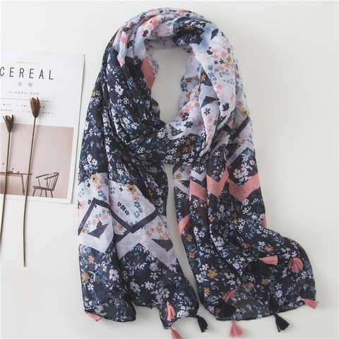 Women Lightweight Floral Print Scarf Voile Shawl With Tassels Boho Chic Sun Protection Beach Wrap Soft Pashmina