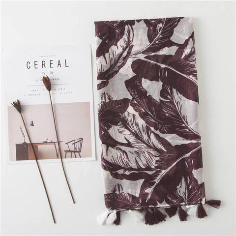 Women Long Scarf Shawl Voile Tropical Banana Leaf Print Soft Beach Sun Protection Tassels Wine Red
