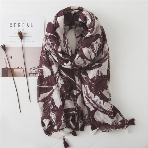 Women Long Scarf Shawl Voile Tropical Banana Leaf Print Soft Beach Sun Protection Tassels Wine Red
