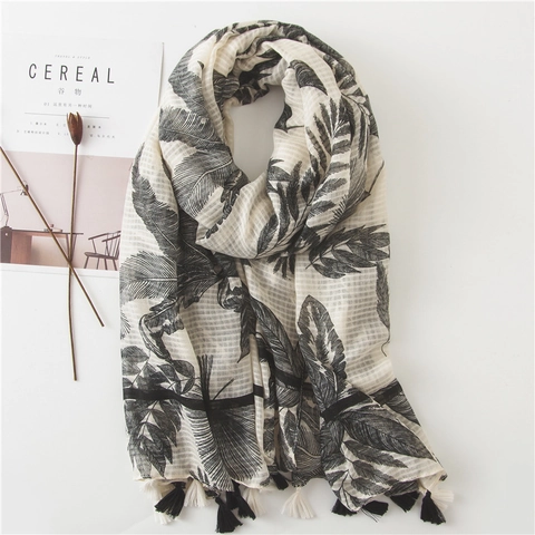 Sciarpa Scialle Stampa Foglie Di Palma Voile Effetto Cotone Lino Nappe Leggera Protezione Solare Spiaggia Viaggio Per Donne