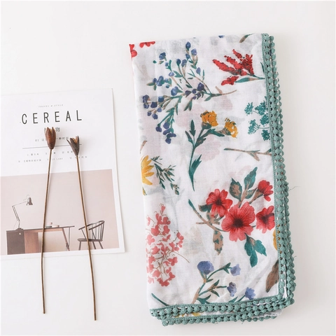 Women Floral Print Scarf Cotton Linen Feel Bohemian Shawl With Pom-pom Fringe Lace Trim Lightweight Decorative Wrap