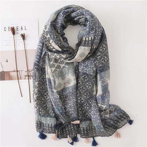 Polyester-Schal Mit Baumwoll-Leinen-Struktur Boho Geometrischer Blumendruck Langer Schal Mit Quasten Für Damen
