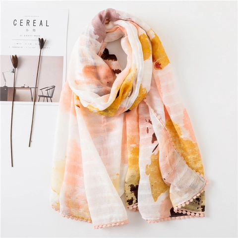 Women Abstract Watercolor Printed Scarf Shawl Voile With Pom-Pom Trim Boho Sun Protection Travel Beach Wrap