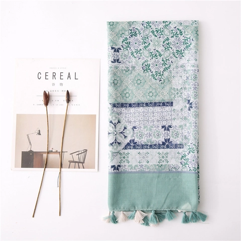 Elegant Mint Green Floral Print Tassel Shawl Bohemian Soft Polyester Scarf For Women Travel Beach Accessory