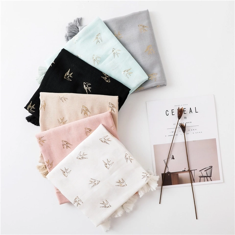 Damen Schal Elegant Goldprägung Schwalbenprint Leicht Baumwoll Leinen Haptik Polyester Voile Mit Quasten Vielseitig