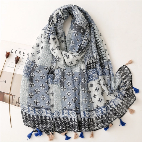 Polyester-Schal Mit Baumwoll-Leinen-Struktur Boho Geometrischer Blumendruck Langer Schal Mit Quasten Für Damen