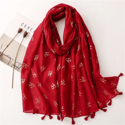 Damen Schal Elegant Goldprägung Schwalbenprint Leicht Baumwoll Leinen Haptik Polyester Voile Mit Quasten Vielseitig