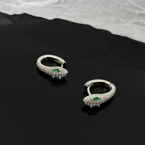 Luxury Copper Snake Head Hoop Earrings Micro Inlaid Rhinestone Green Eye Snake Shaped Fashion Jewelry For Women Men