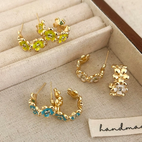 Flower Stud Earrings C-Shaped Hoop Enamel Zircon Alloy Retro Floral Elegant Jewelry Accessories For Women