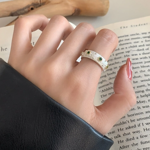Anillo Ajustable Abierto Vintage Cobre Circón Verde Plateado Dorado Geométrico Texturizado Estilo Francés Para Mujer