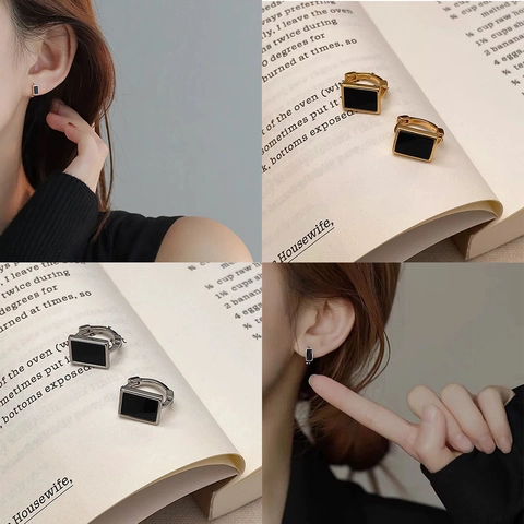 Orecchini A Cerchio Huggie Rettangolari Geometrici Rame Intarsio Nero Gioielli Di Moda Minimalisti Per Donne
