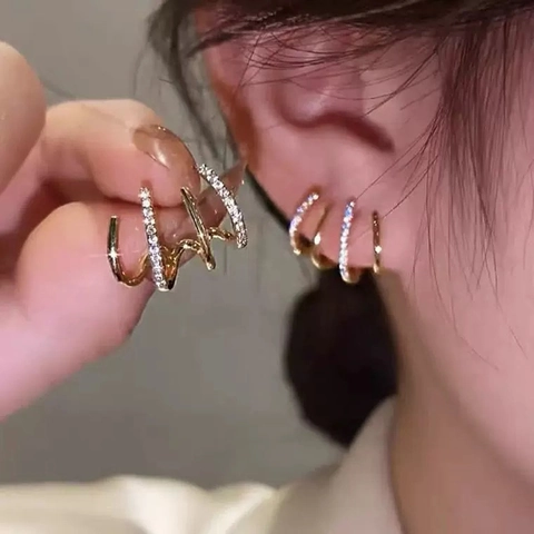 Stud Earrings Copper Gold Plated Multi Claw Row Zircon Encrusted Korean Style Minimalist Geometric Ear Jewelry For Women