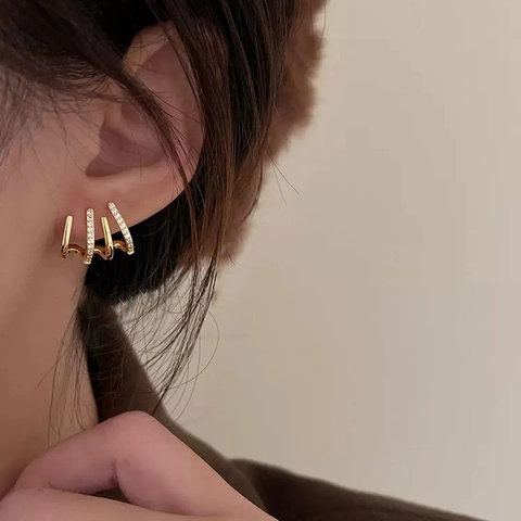 Stud Earrings Copper Gold Plated Multi Claw Row Zircon Encrusted Korean Style Minimalist Geometric Ear Jewelry For Women