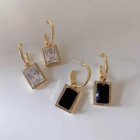 Vintage Rechthoekige Zirkoon Hanger Oorbellen Voor Vrouwen Messing Geometrische Hoop Sieraden Met Micro Verharde Steentjes