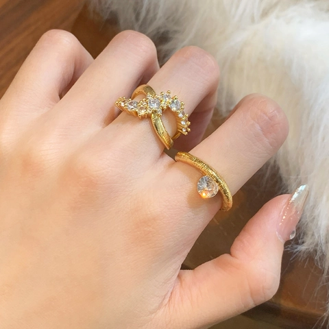 Elegant Cross Geometric Zirconia Open Ring Copper 18K Gold Plated Minimalist Adjustable Jewelry For Women