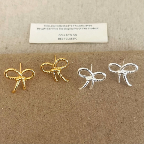 Bowknot Stud Earrings Copper With Twisted Rope Texture 18K Gold Plated Retro Elegant Minimalist Jewelry For Women