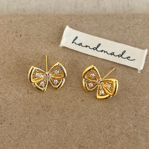 French Style Bow Knot Stud Earrings Gold Plated Copper With Zircon Elegant Delicate Jewelry For Women