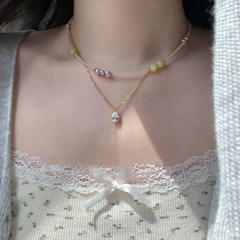 Water Drop Cubic Zirconia Pendant Necklace Copper Gold Plated Simple Elegant Clavicle Chain Jewelry For Women
