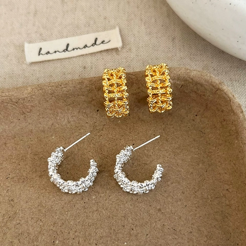 Boucles Oreilles Créoles Cuivre Texturées Style Français Surface Lave Martelée Bijoux Géométriques Tissés Pour Femmes