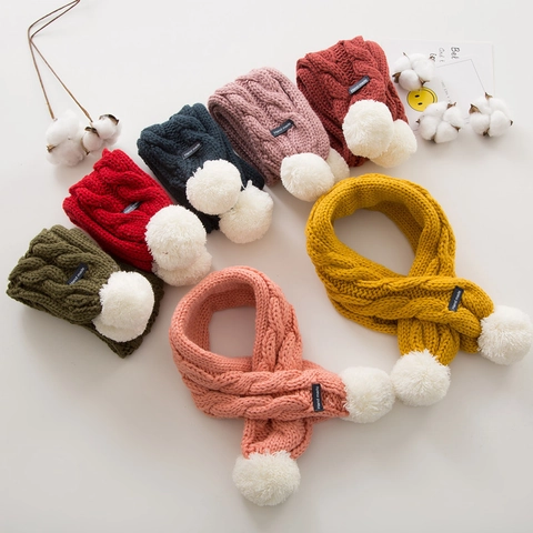 Knitted Baby Scarf Wool Blend Warm Neck Warmer White Pom Poms Cross Design Solid Color Cute Winter For Toddlers Kids