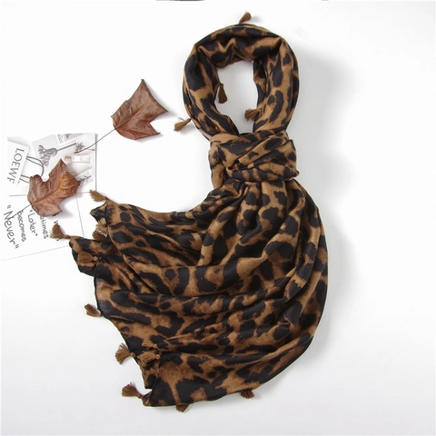 Leopard Print Scarf Shawl Satin Cotton Lightweight With Tassels Fashion Large Long Wrap For Women